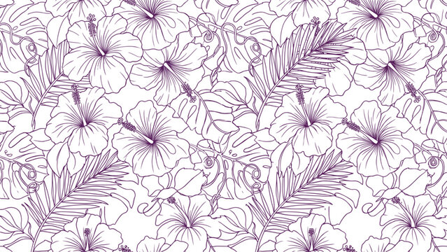 Seamless hibiscus tropical pattern with palmleaf outline linework hawaiian botanical linedrawing exotic jungle foliage springtime and wallpaper