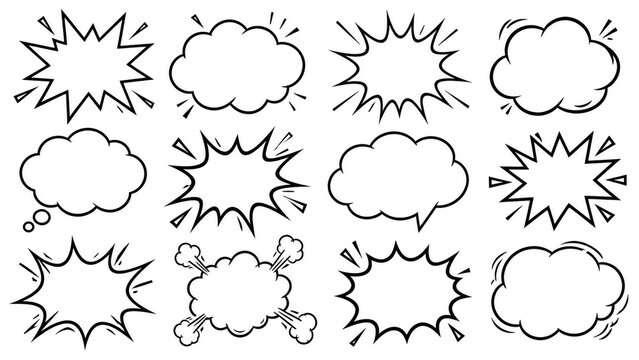 Set of hand drawn comic speech bubbles and explosion clouds on white background