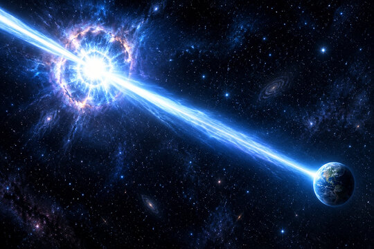 Exploding star emitting gamma-ray beams toward Earth in deep space, cosmic energy and astronomy concept