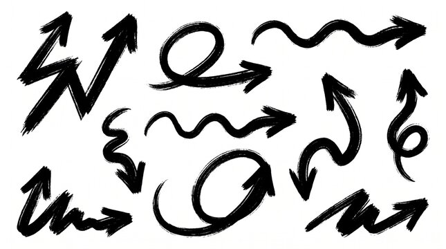 Set of ten hand drawn black ink brush stroke arrows on a white background with textured brush strokes design