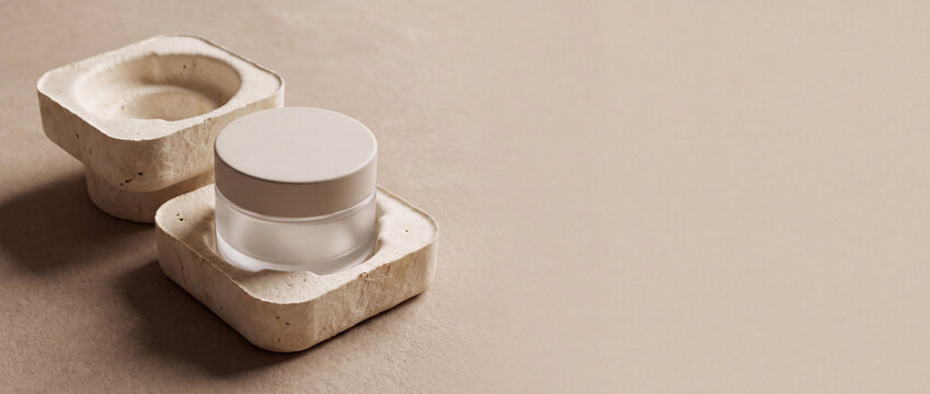 Minimal unbranded cosmetic jar displayed in molded pulp packaging on a warm neutral surface. Sustainable skincare packaging concept with natural fiber texture and wide copy space for advertising.