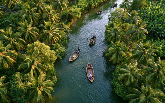 Aerial view of basket boats navigating lush waterways in hoi an, vietnam