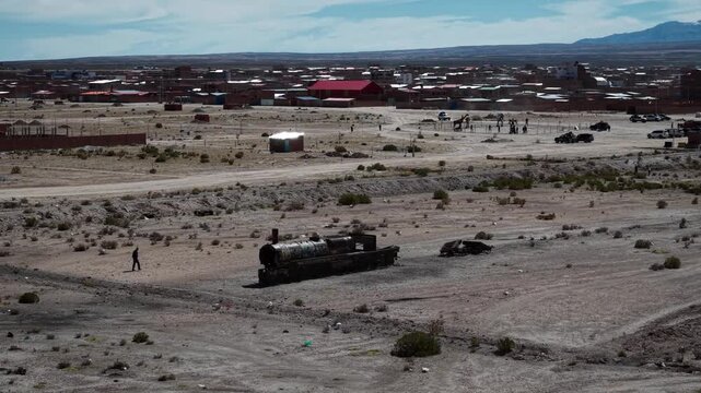 Aerial drone footage of Uyuni Train Cemetery, Bolivia, 4k footage 