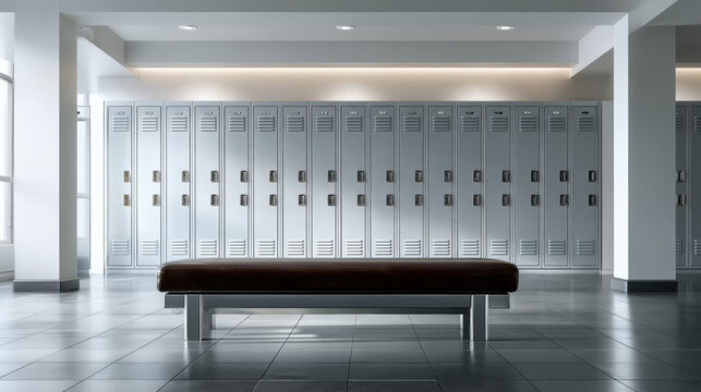 Modern locker room with bright natural light, metal lockers, tiled floor, and central bench, clean and spacious design