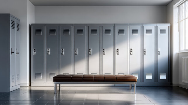 Modern locker room with gray metal lockers, brown bench, natural light, clean, organized, and bright atmosphere
