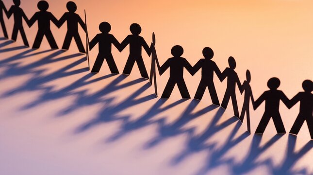 A row of black paper cutout figures holding hands cast long shadows on a light surface with casting long dark