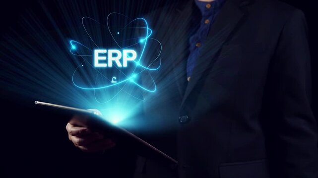 ERP platform visual showing centralized system for enterprise resource planning, improving integration, data flow, business efficiency, finance, inventory, and human resources. Elide