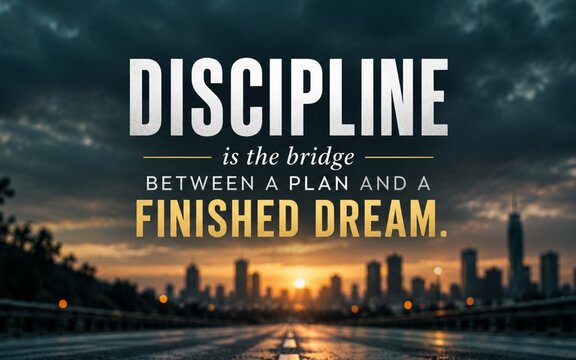 Professional discipline quote with a city skyline background, representing commitment, focus, consistency, and turning plans into achievements.