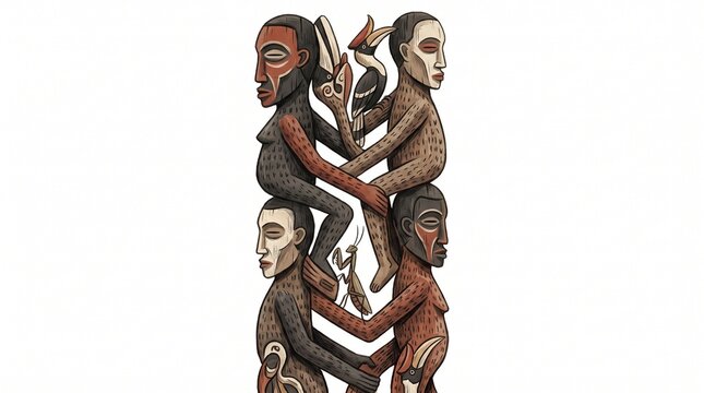 Tribal Ancestral Figures Intertwined with Hornbill and Mantis, Indonesian Ethnic Folk Art Illustration