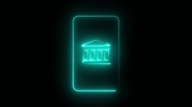 Mobile banking app glowing neon animation isolated on black background