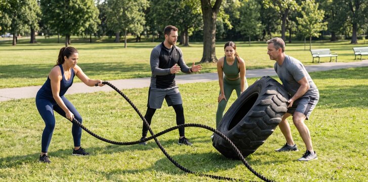 A group of people exercising in a park, a woman using battle ropes while a man flips a large tractor tire, with a trainer observing the workout session on a sunny day