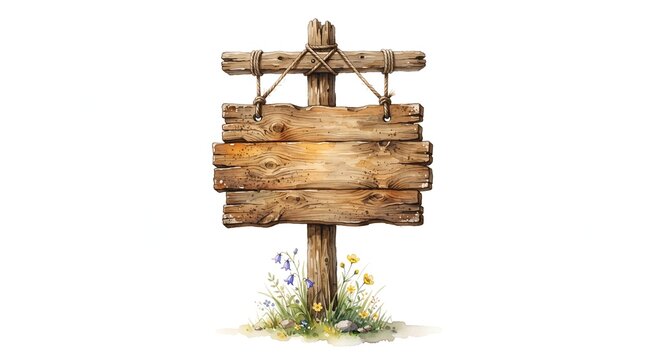 Watercolor Rustic Wooden Signboard Clipart with Hanging Rope and Wildflowers Isolated on White Background for Banner and Message Template