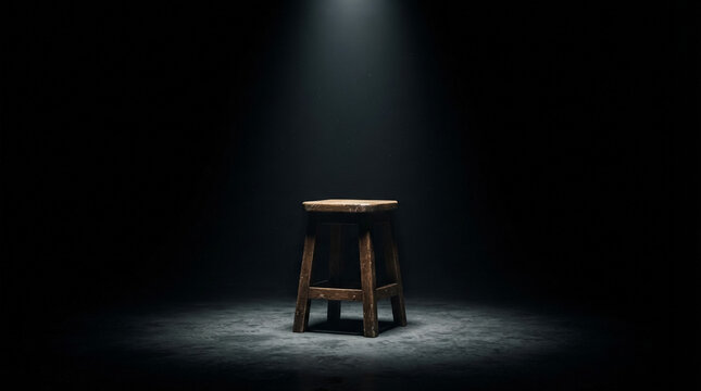 Empty wooden stool illuminated by a single spotlight in a dark room
