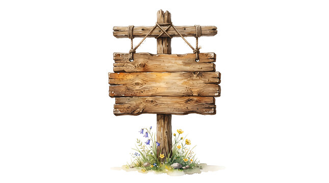 Watercolor Rustic Wooden Signboard Clipart with Hanging Rope and Wildflowers Isolated on Transparent Background for Banner and Message Template
