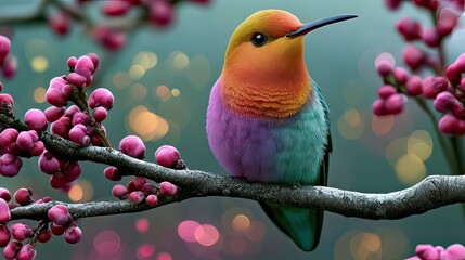 Fototapeta premium Vibrant Hummingbird Perched on Blossom-Laden Branch in a Dreamy Soft Focus Background with Sparkling Lights