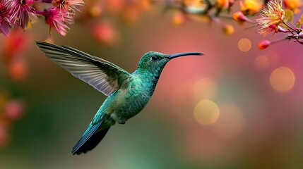 Fototapeta premium Vibrant Hummingbird in Flight Surrounded by Beautiful Blossoms with a Dreamy Bokeh Background
