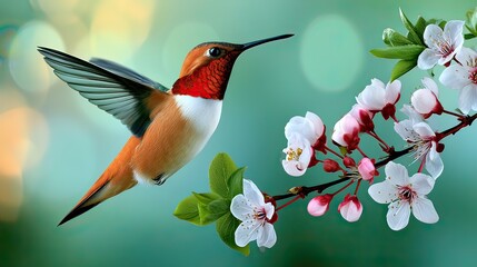 Fototapeta premium Colorful hummingbird hovering near delicate pink blossoms in vibrant garden setting, showcasing nature's beauty and grace