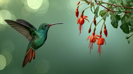 Fototapeta premium Vibrant Hummingbird in Mid-Flight Near Colorful Fuchsia Flowers Against a Soft Green Background