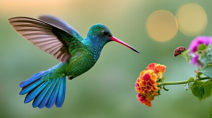 Fototapeta premium Colorful hummingbird hovering near vibrant flowers in a blurred garden setting