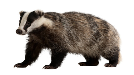 European badger standing in profile with black and white striped face © Otillie
