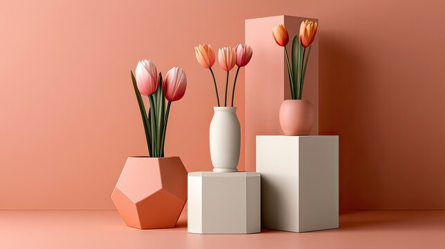 Elegant Display of Colorful Tulips in Modern Peach and White Vases on Geometric Pedestals Against Soft Background