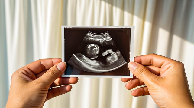 Hands holding ultrasound image of unborn baby representing pregnancy and prenatal healthcare