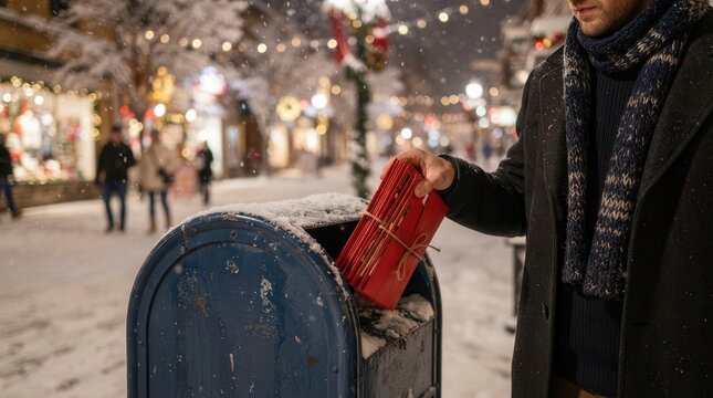 Man Mailing Red Holiday Envelopes on Snowy Street
