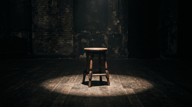 Wooden stool centered in a dark room illuminated by a single spotlight