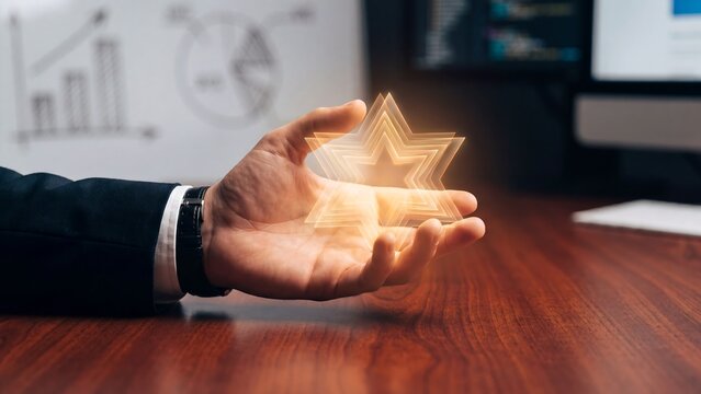 Customer satisfaction quality excellence award concept, executive holding holographic glowing star symbol above desk with performance charts, service quality, five star rating, business recognition