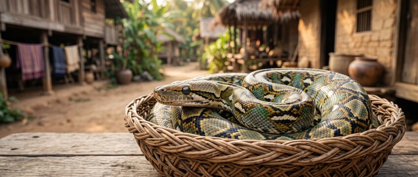 A large patterned python snake coiled inside a wicker basket in a rustic village setting