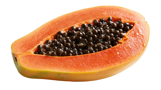 Ripe halved papaya fruit with black seeds inside