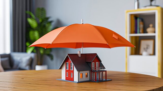 Small house model protected by an orange umbrella representing home insurance and property protection