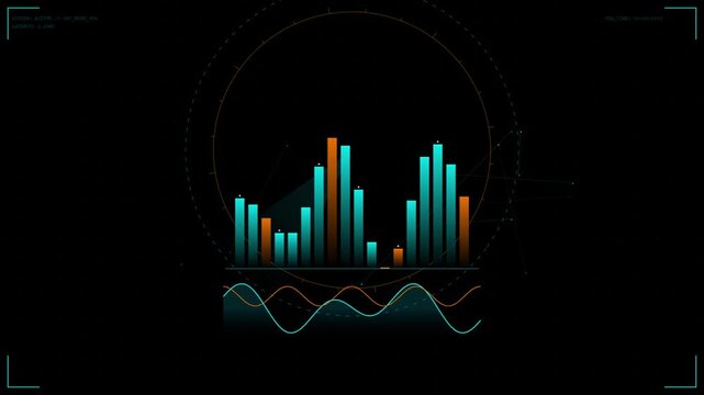Futuristic digital interface with bar charts and wave graphs