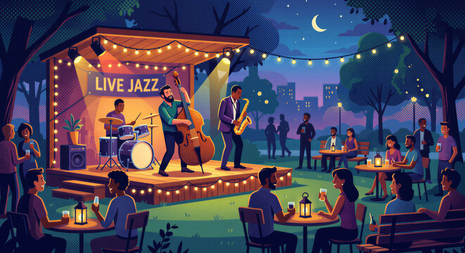 Flat design illustration of jazz band performing on outdoor stage at night, people sitting at tables in park under string lights. Music festival, nightlife, summer event.