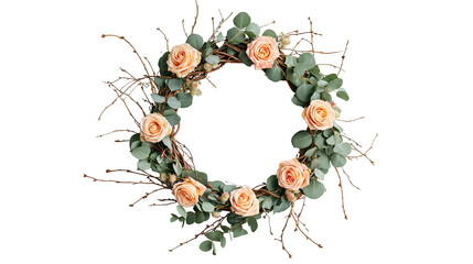 Peach rose and eucalyptus foliage wreath with rustic brown twigs © Otillie