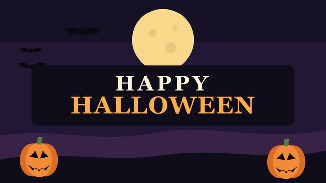 Happy Halloween Greeting Animation with Full Moon, Flying Bats and Glowing Jack O Lantern Pumpkins on Dark Purple Night Background