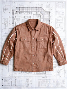 Flat Lay View of Terracotta Brown Canvas Utility Jacket Laid Flat Over Architectural Blueprint Plan on White Paper Background