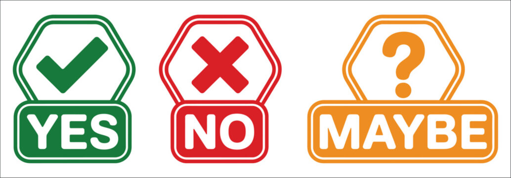 Yes no maybe decision buttons icon set featuring green checkmark, red cross mark, and orange question mark in hexagonal frames for survey voting and choice options.