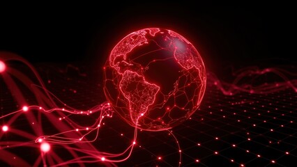 Fototapeta premium Red glowing globe connected via network lines. Digital world concept, data streams, futuristic design. Dark background enhances visual impact.