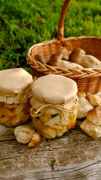 Preservation of chanterelle mushrooms in a jar. Selective focus.