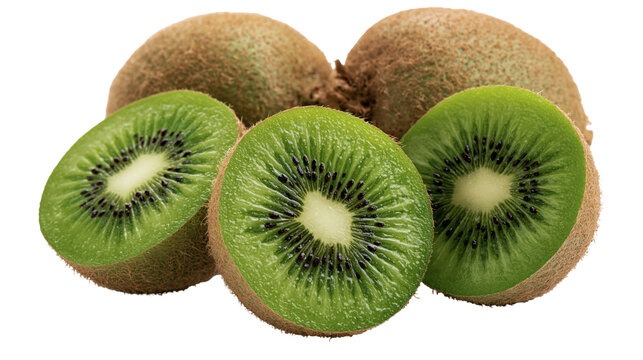 Fresh ripe kiwi fruit halves and whole kiwis with fuzzy brown skin
