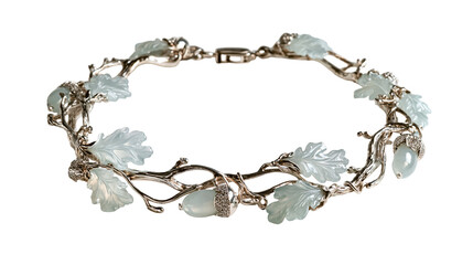 Rose gold bracelet with carved jade oak leaves and diamond encrusted acorns © Otillie