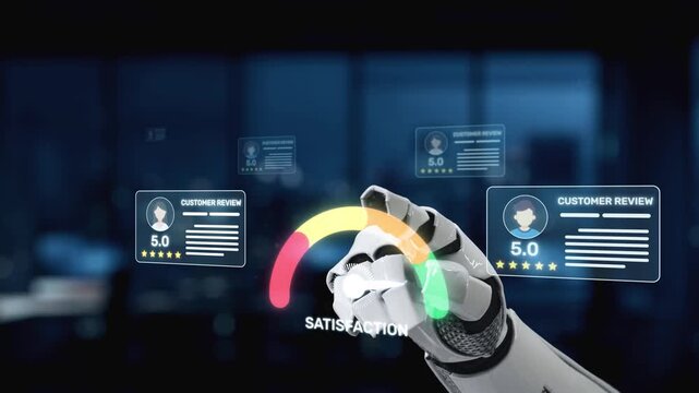A robotic hand displays customer reviews and satisfaction ratings in a high-tech digital setting, highlighting the integration of technology in customer feedback analysis. Synapse
