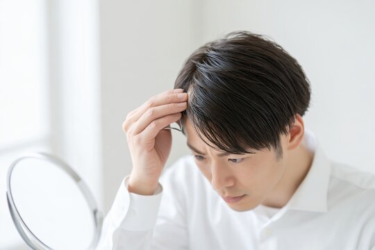 鏡で自身の頭髪をチェックする日本人男性の薄毛に対する悩み