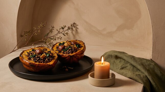 Roasted acorn squash halves filled with wild rice, chestnuts and greens on matte black plate beside a single candle, styled as an earthy seasonal centerpiece in sculpted alcove light and quiet warmth