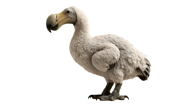 Full body side view of a dodo bird with grey feathers and a large hooked beak