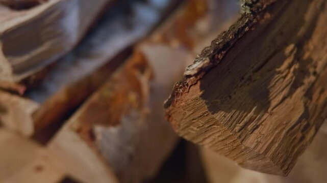 Rough cut wood log with bark edge and visible grain in warm soft light, close diagonal view with blurred timber background, rustic workshop texture and earthy natural material detail