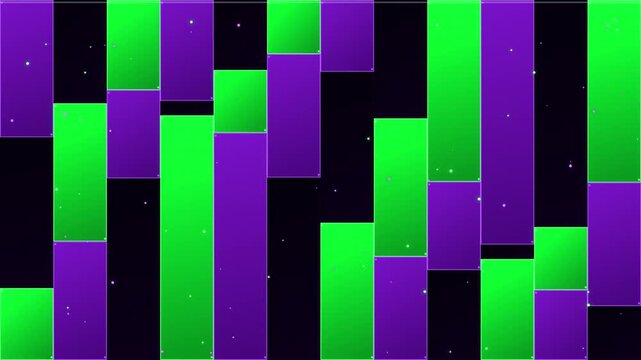 Retro neon geometric motion background with purple and green vertical bars. Abstract digital data visualization loop. Vibrant synthwave aesthetic with glowing particles for music videos and