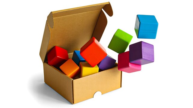 Colorful geometric blocks falling from an open cardboard box for creative play and organization