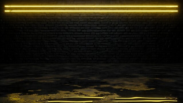 Parallel yellow neon lights on dark brick wall above wet reflective floor